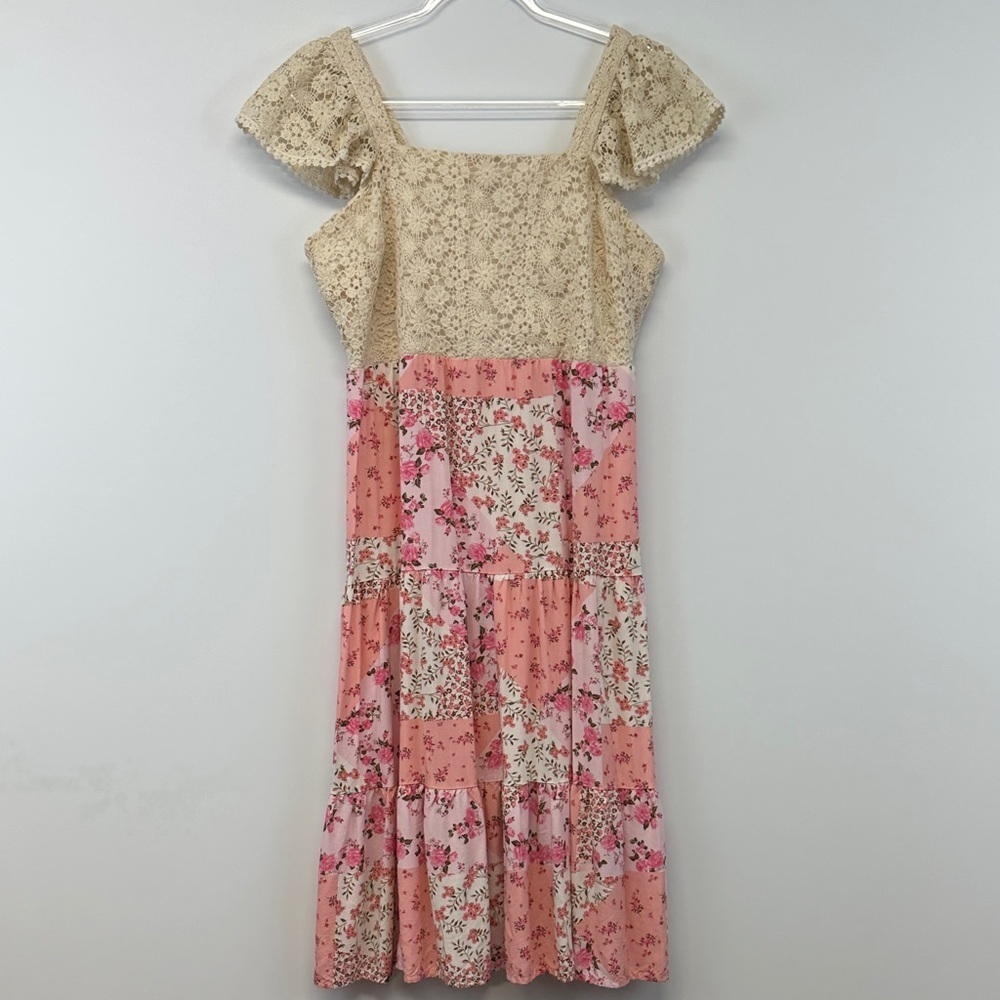 Chenault Cottagecore Floral Midi Dress M Crochet Lace Bodice Tiered Prairie